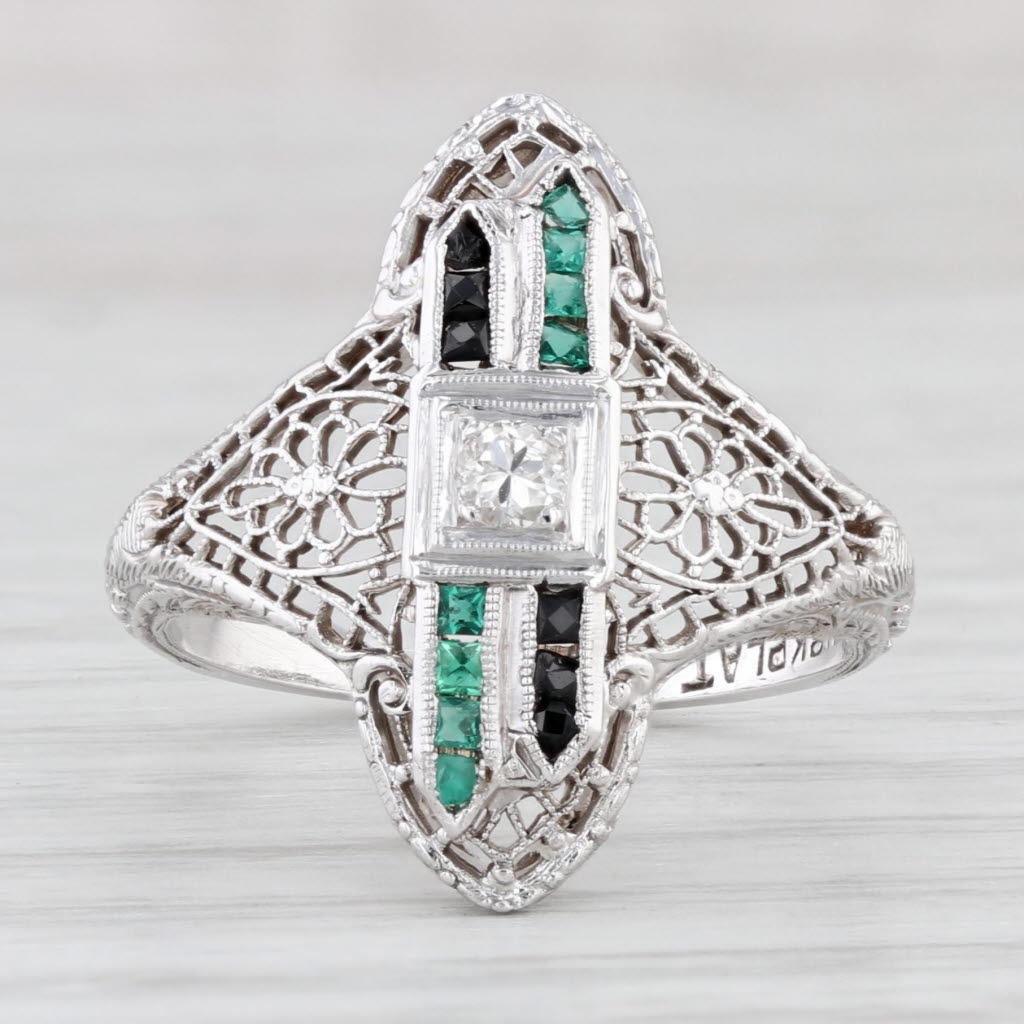 Light Gray Art Deco Diamond Emerald Glass Floral Filigree Ring 18k Gold Platinum Size 6.5