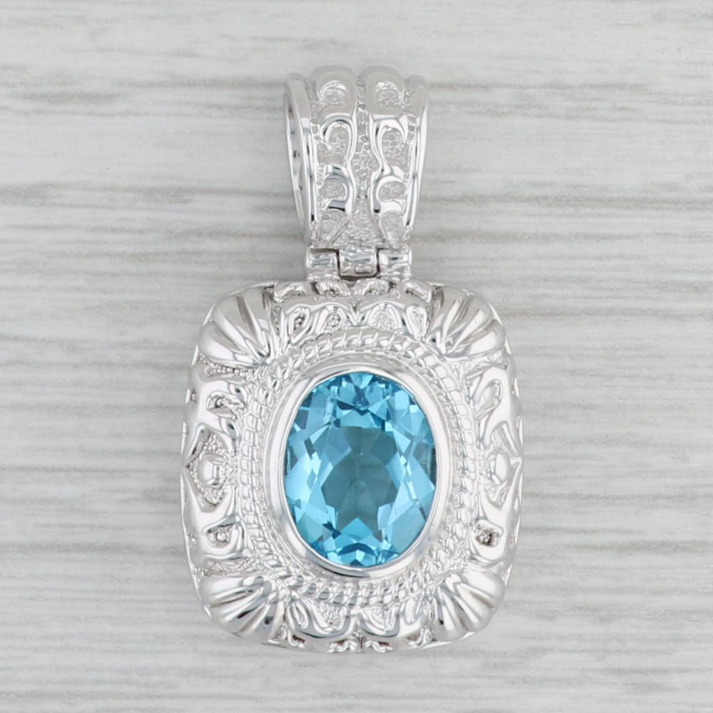 Gray 3ct Oval Blue Topaz Solitaire Pendant 14k white Gold Ornate Drop