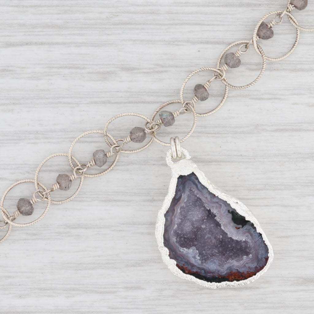 Light Gray New Nina Nguyen Charm Bracelet Sterling Druzy Geode Quartz Labradorite Bead 7.5"