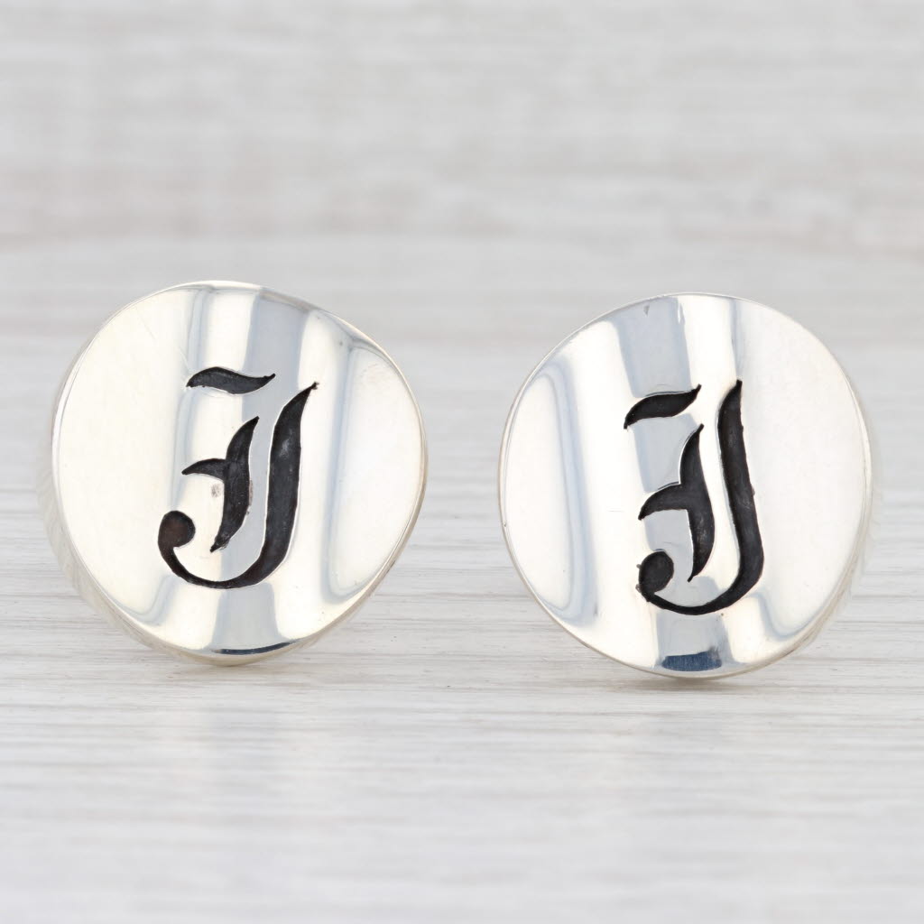 Light Gray Initial "J" Cufflinks Sterling Silver Old English Letter Taxco Artisan Signed