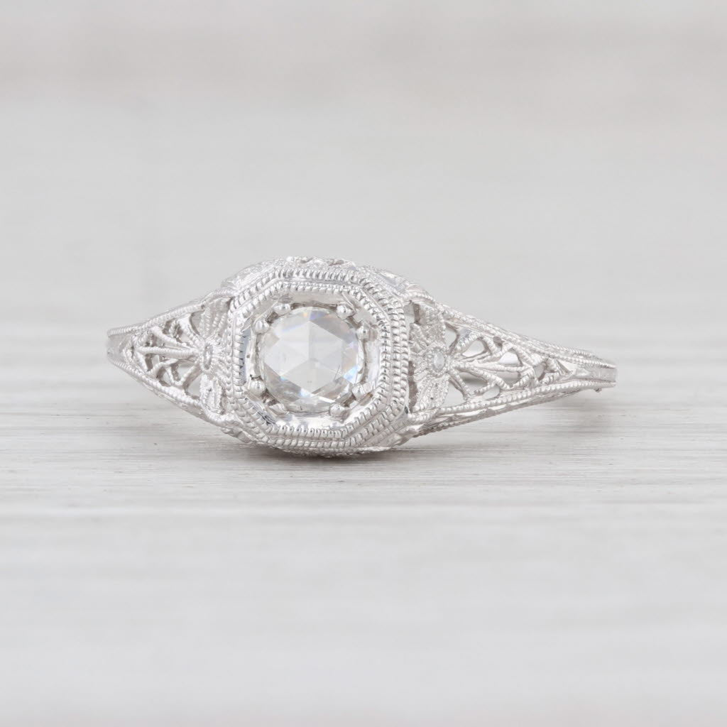 Light Gray New Floral Rose Cut Diamond Engagement Ring 14k White Gold Size 6.75 Solitaire