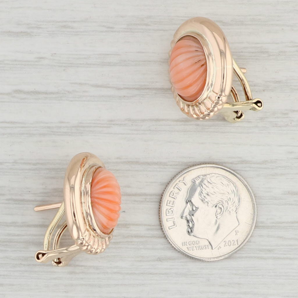 Light Gray Carved Coral Cabochon Stud Earrings 14k Rose Gold Pierced Omega Backs