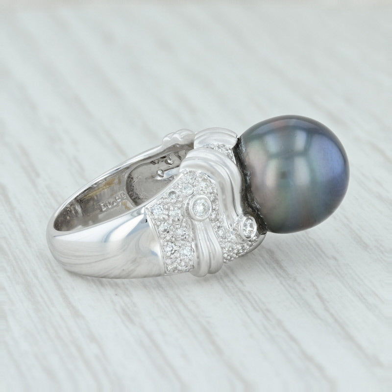 Light Gray Cultured Black Pearl Diamond Cocktail Ring 18k White Gold Size 6.5 High Carat