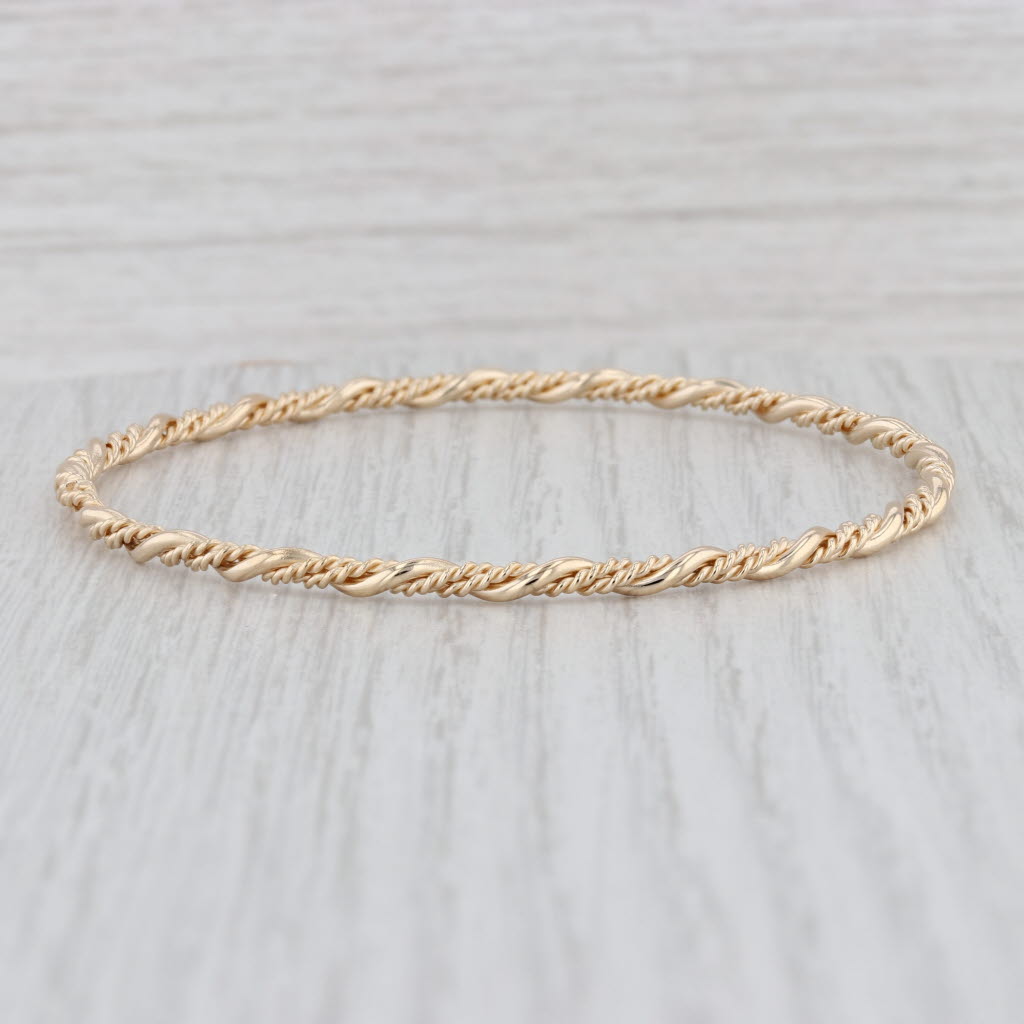 Light Gray Woven Bangle Bracelet 14k Yellow Gold 7.5" 3mm Stackable