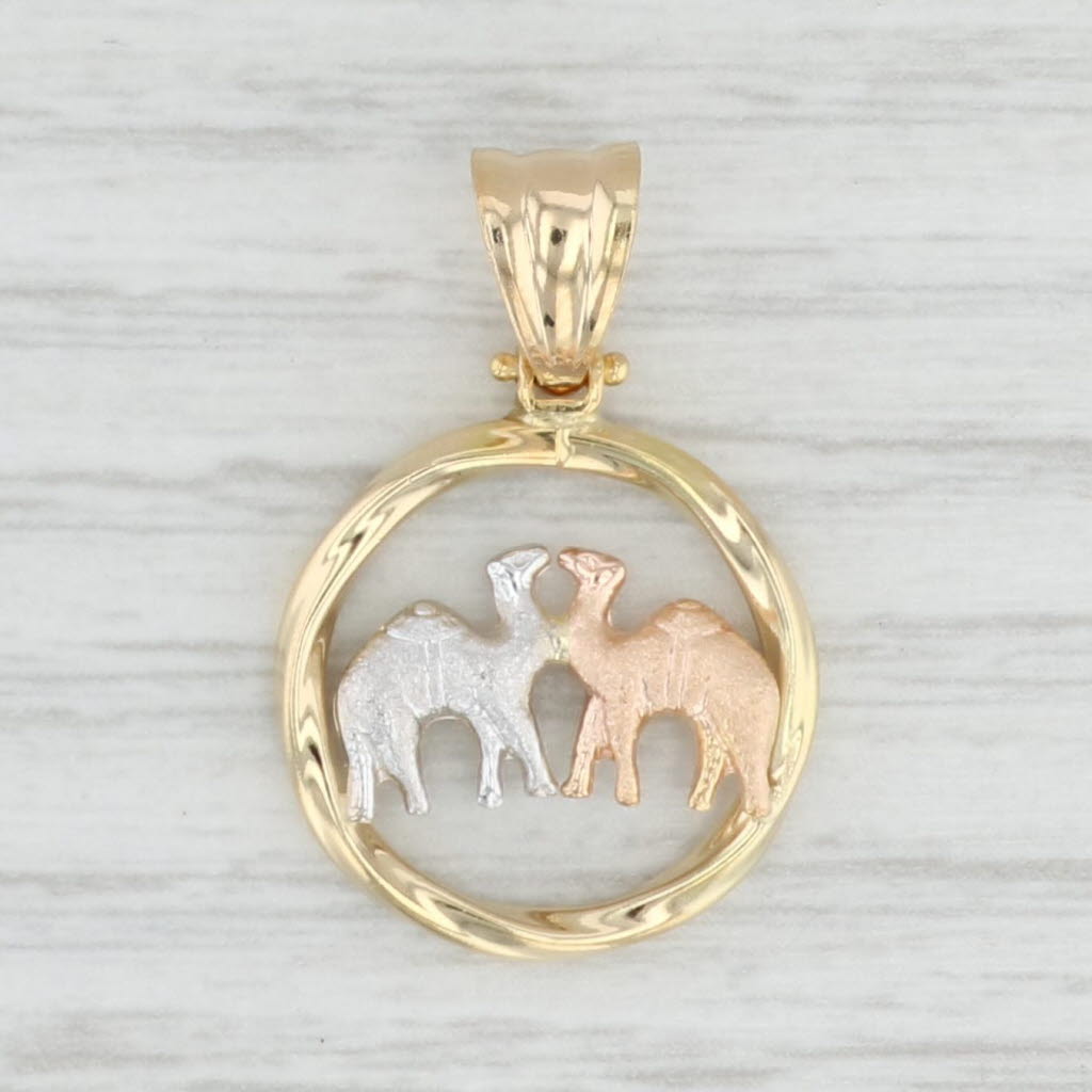 Light Gray Tri-Toned 2 Camels Pendant 18k Yellow White Rose Gold Religious Jewelry