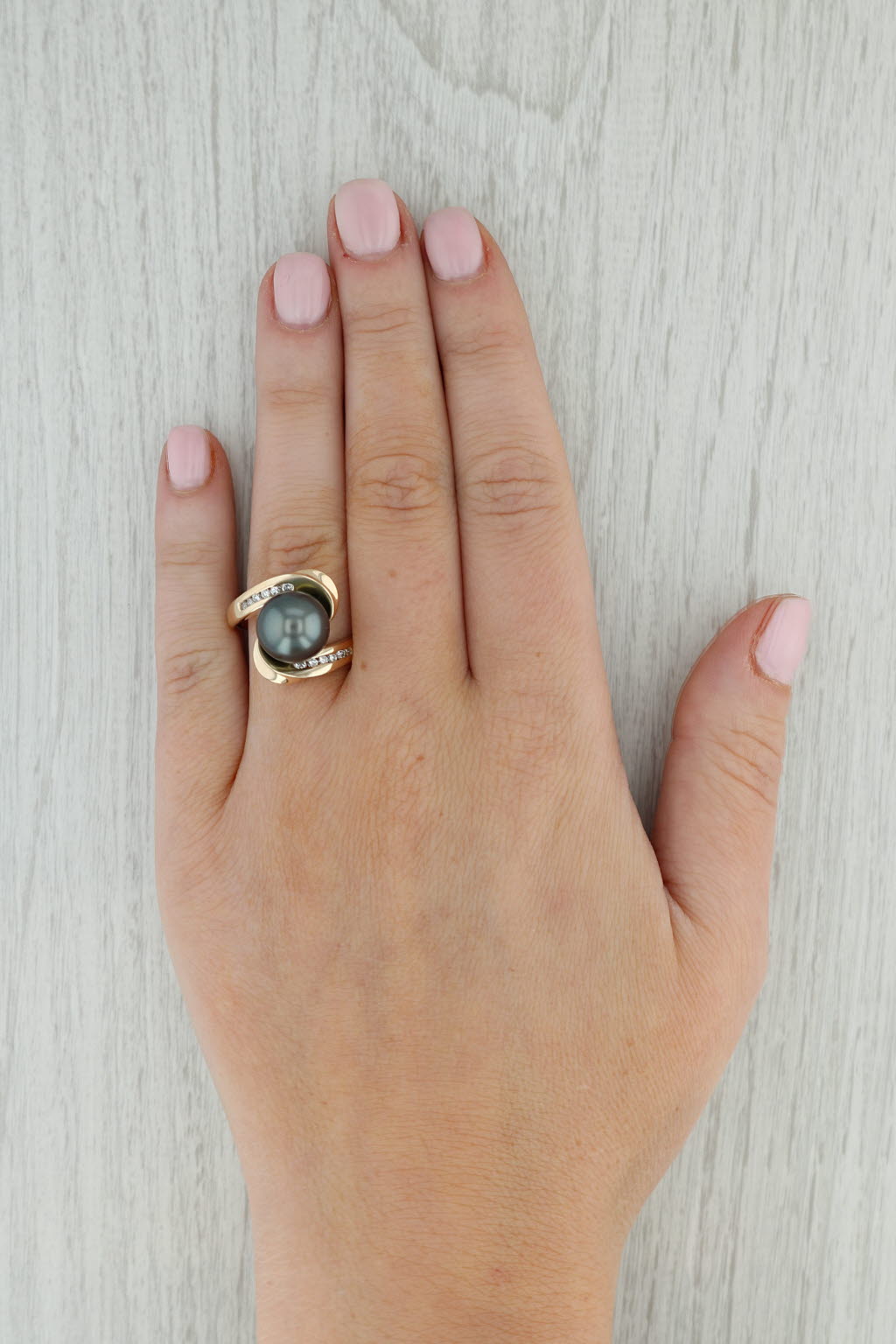 Gray Black Cultured Pearl Diamond Bypass Ring 14k Yellow Gold Size 7.5