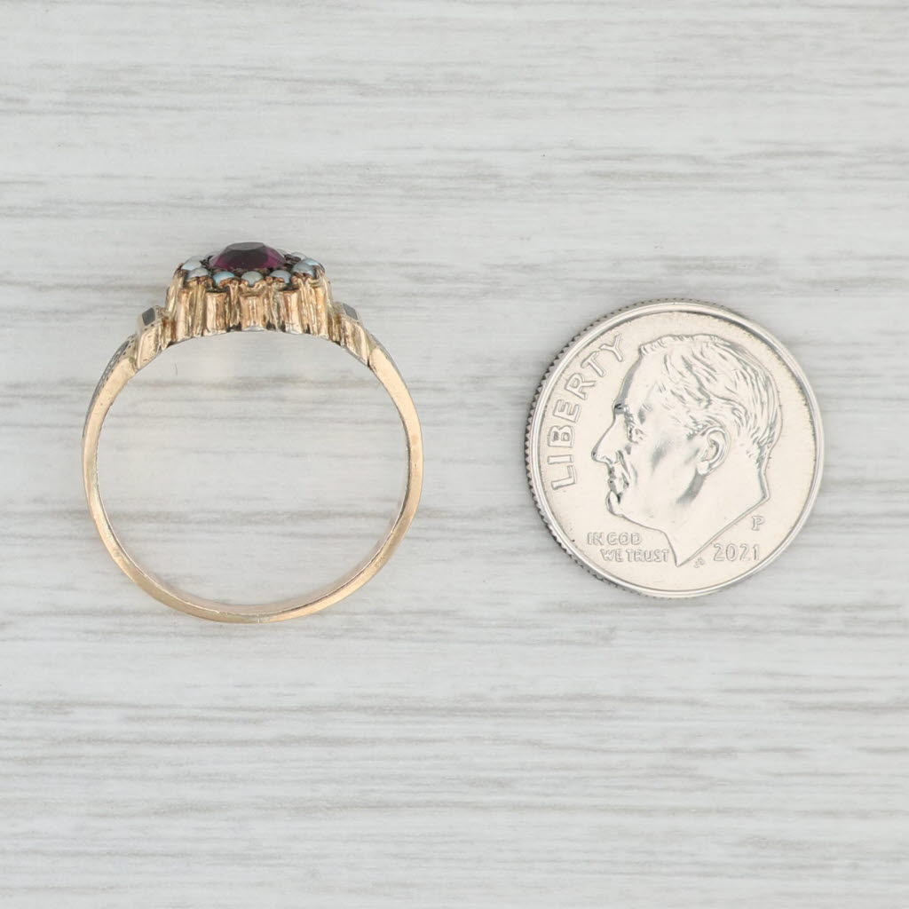 Light Gray Victorian Garnet Pearl Halo Ring 14k Yellow Gold Enamel Size 7.75 Antique