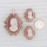 Light Gray Antique Victorian Carved Agate Cameos 3 Pins Pendant 12k Gold Pearls Hair