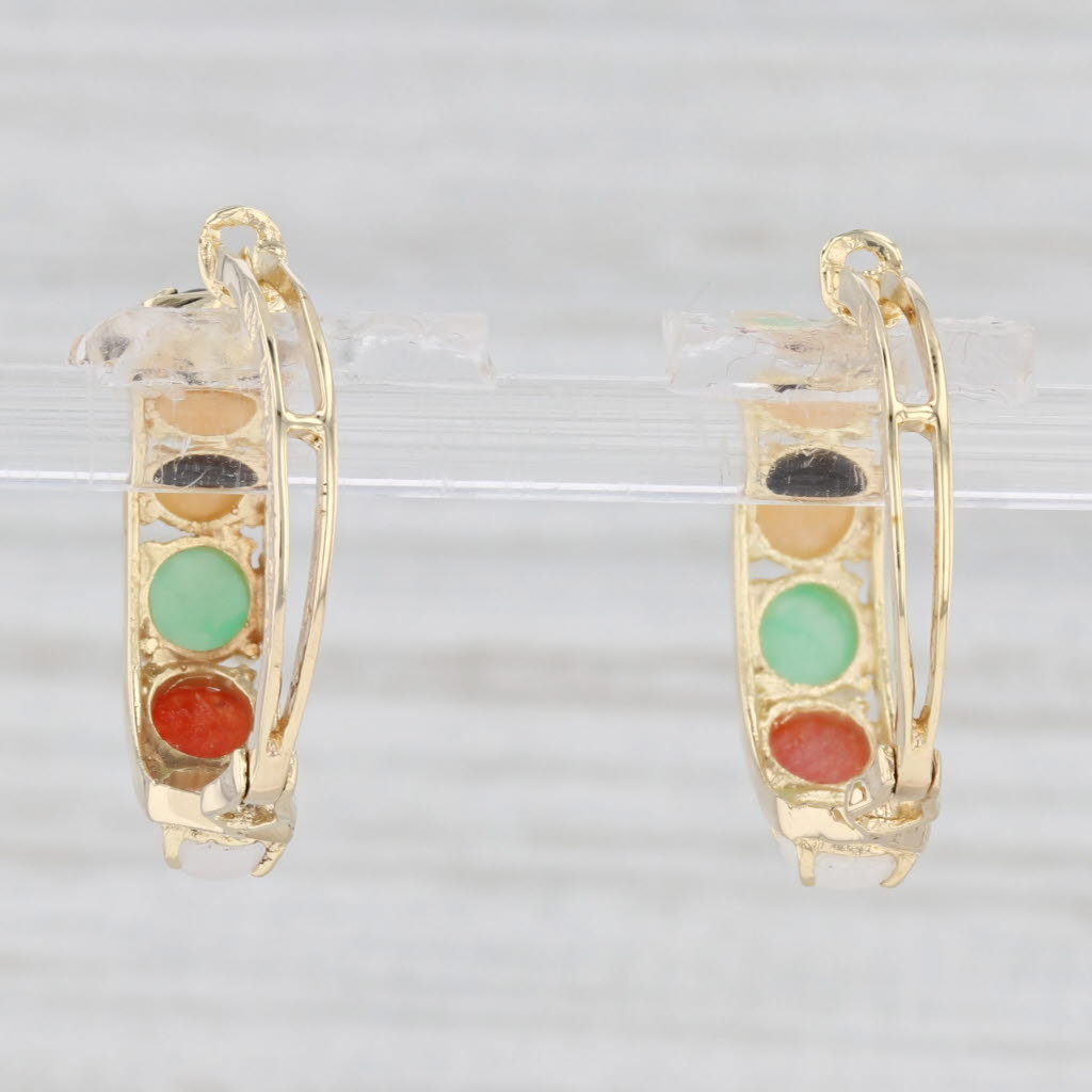 Light Gray Jadeite Jade Glass Hoop Earrings 14k Yellow Gold Pierced Round Hoops