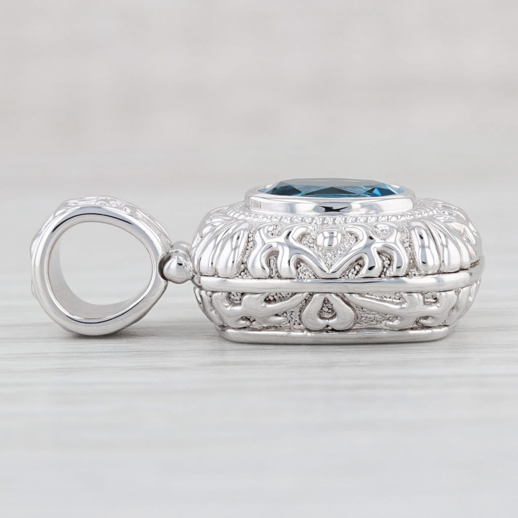 Light Gray 3ct Oval Blue Topaz Solitaire Pendant 14k white Gold Ornate Drop