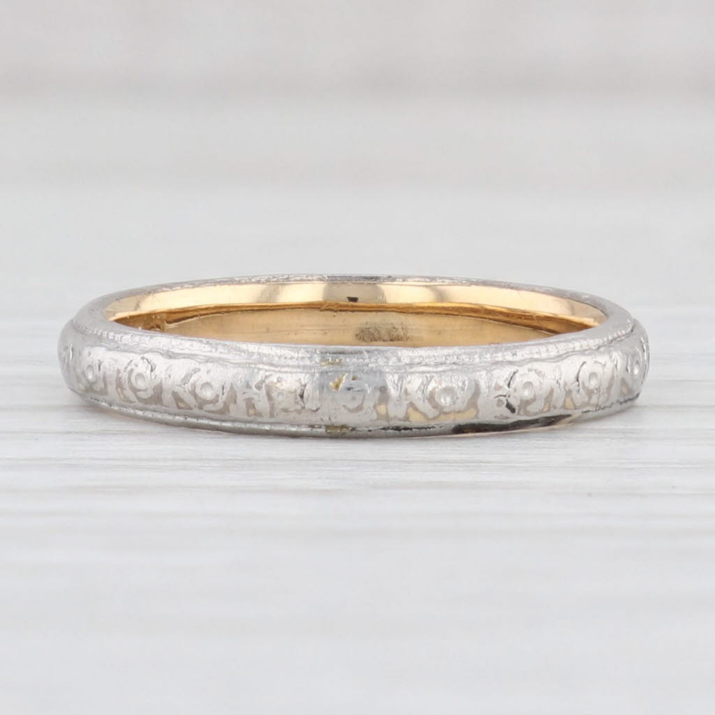 Light Gray Art Deco Floral Engraved Wedding Band Platinum over 18k Gold Sz 6.75 Ring Woods