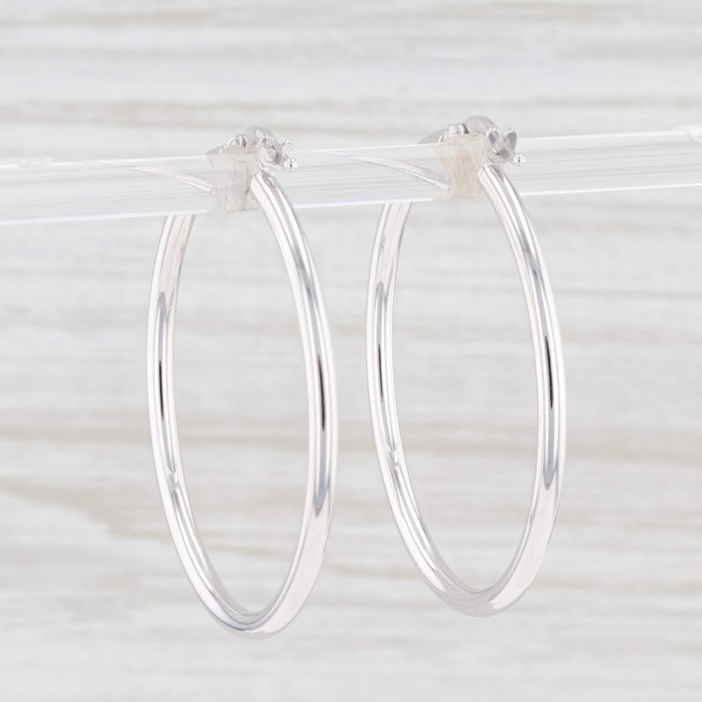 Light Gray New Round Hoop Earrings 14k White Gold Snap Top Pierced Hoops 35mm X 2mm