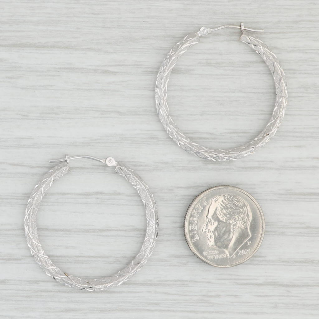Light Gray Brushed Lattice Work Beveled Hoop Earrings 14k White Gold Snap Top Round Hoops