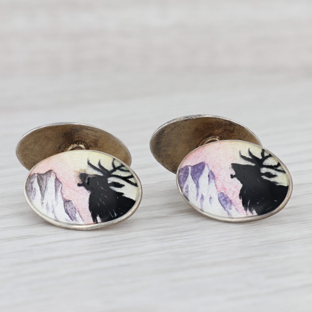 Light Gray Gustov Hellstrom Caribou Reindeer Cufflinks Silver 925S Guilloche Enamel Norway