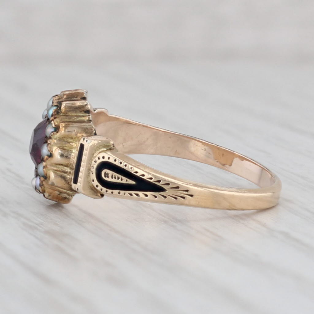 Gray Victorian Garnet Pearl Halo Ring 14k Yellow Gold Enamel Size 7.75 Antique