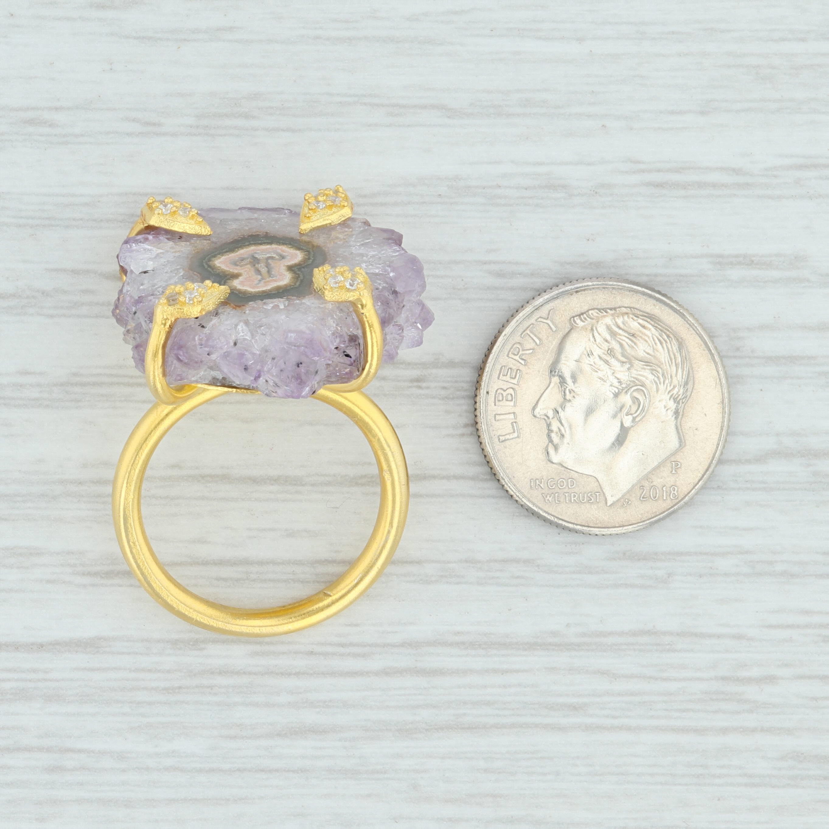 Light Gray New Amethyst Geode Crystal Ring Sterling 18k Gold Plated Adjustable Size