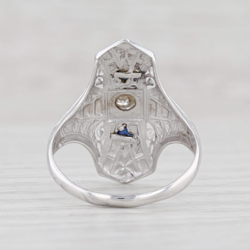Light Gray Art Deco Synthetic Blue Sapphire Diamond Ring 14k White Gold Size 6