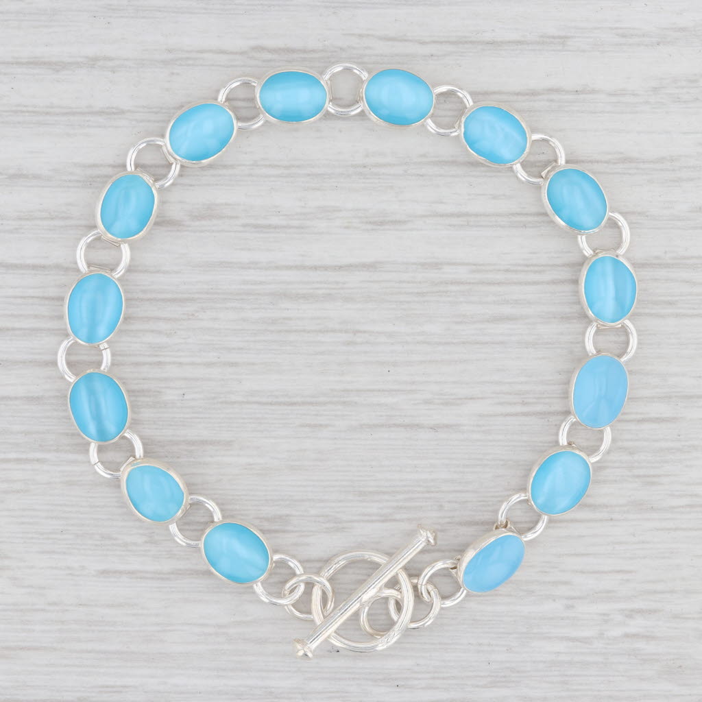Light Gray New Sky Blue Glass Link Bracelet Sterling Silver 7.25” Chain Toggle Clasp