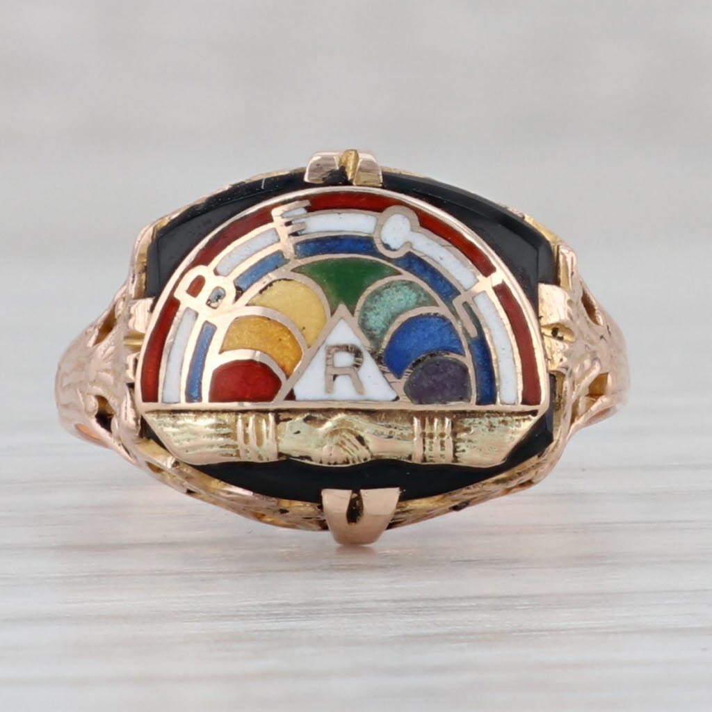 Gray Rainbow Girls Signet Ring 10k Rose Gold Onyx Masonic Youth Size 5.25