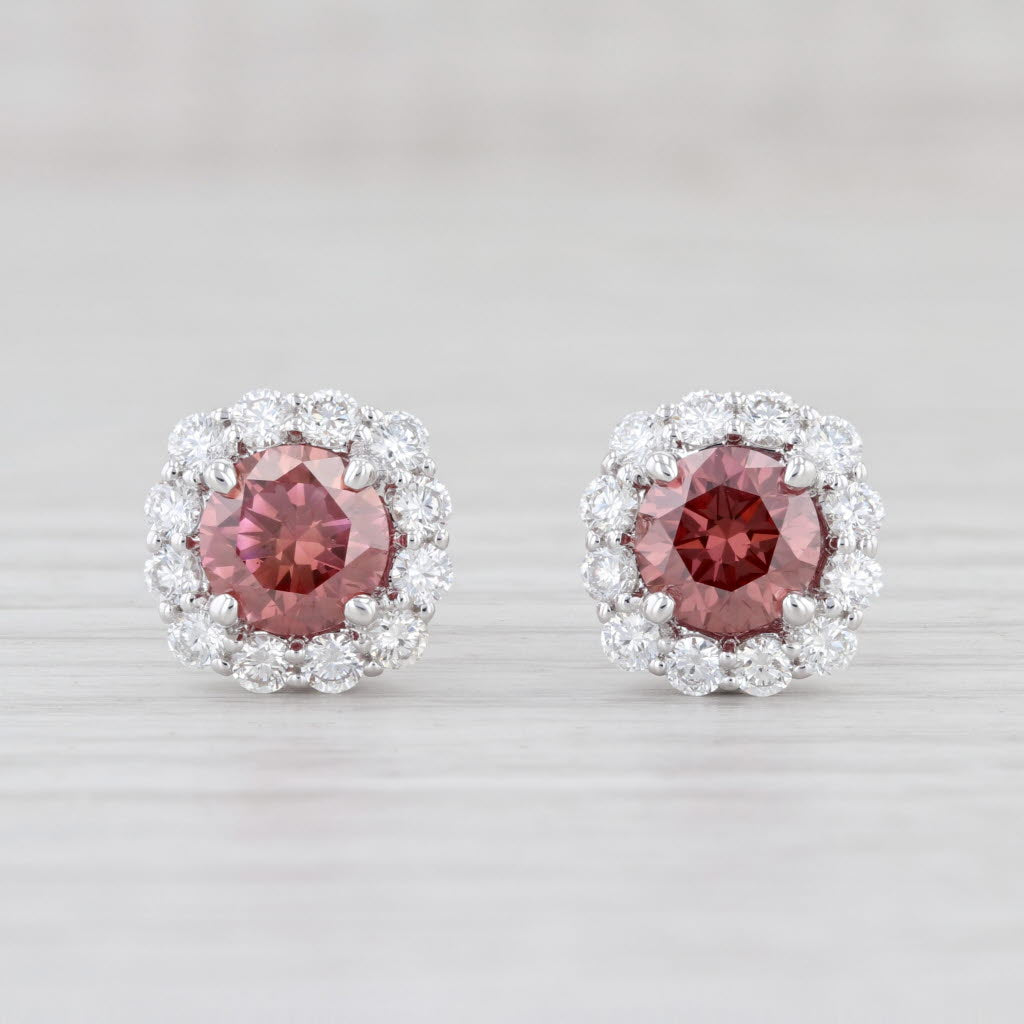 Light Gray New 2.80ctw Raspberry Pink White Diamond Halo Stud Earrings 14k White Gold