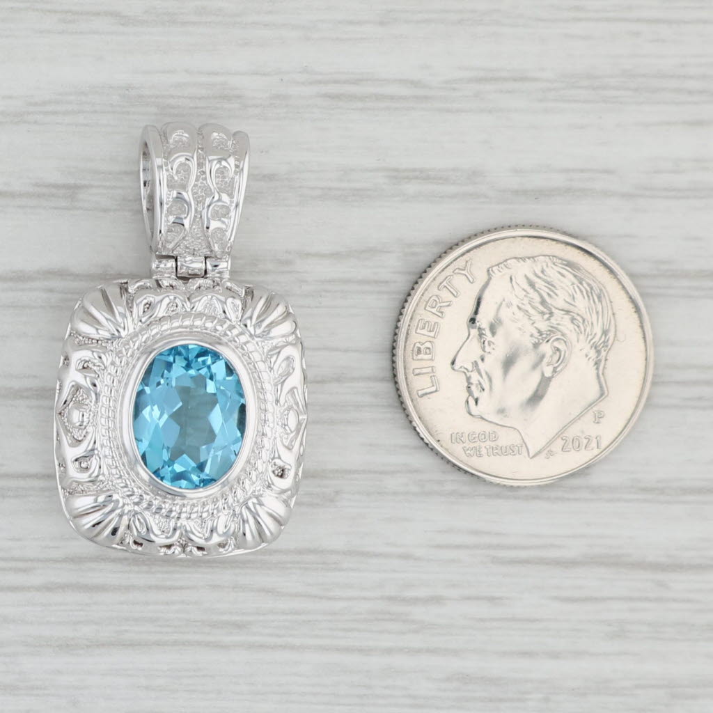 Light Gray 3ct Oval Blue Topaz Solitaire Pendant 14k white Gold Ornate Drop