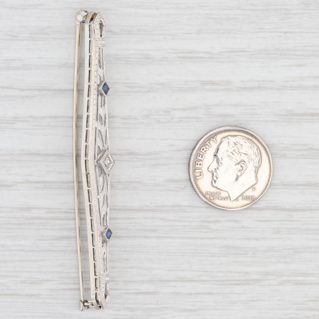 Light Gray Vintage Synthetic Blue Sapphire White Diamond Bar Brooch 14k Gold Flower Pin