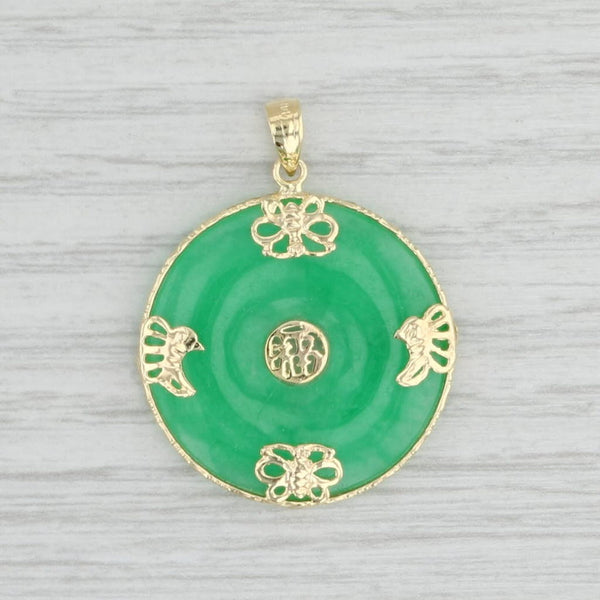 Light Gray Green Jadeite Jade Butterfly Pendant 14k Gold Good Luck Chinese Character