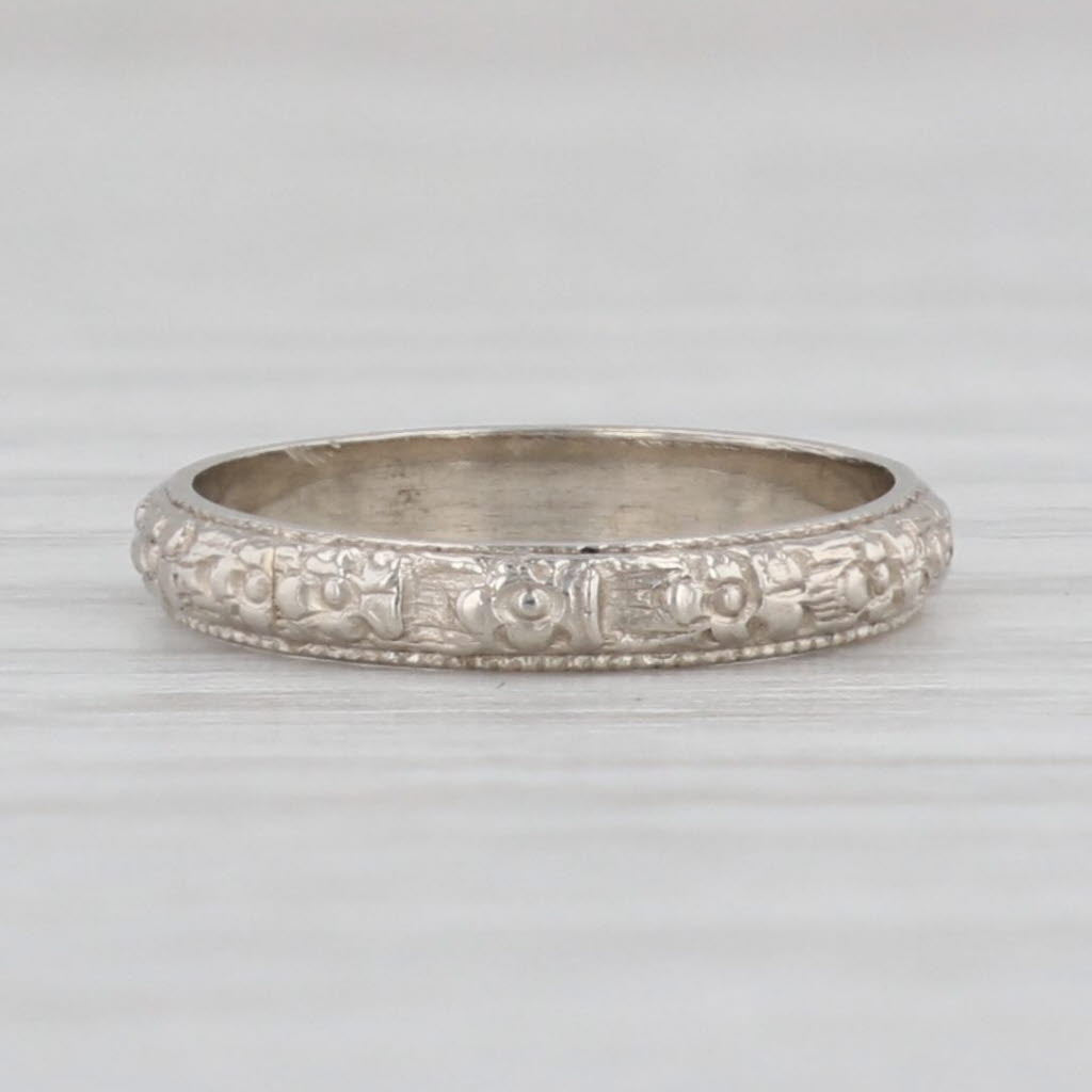 Light Gray Antique Floral Baby Ring 10k White Gold Small Size Band Keepsake