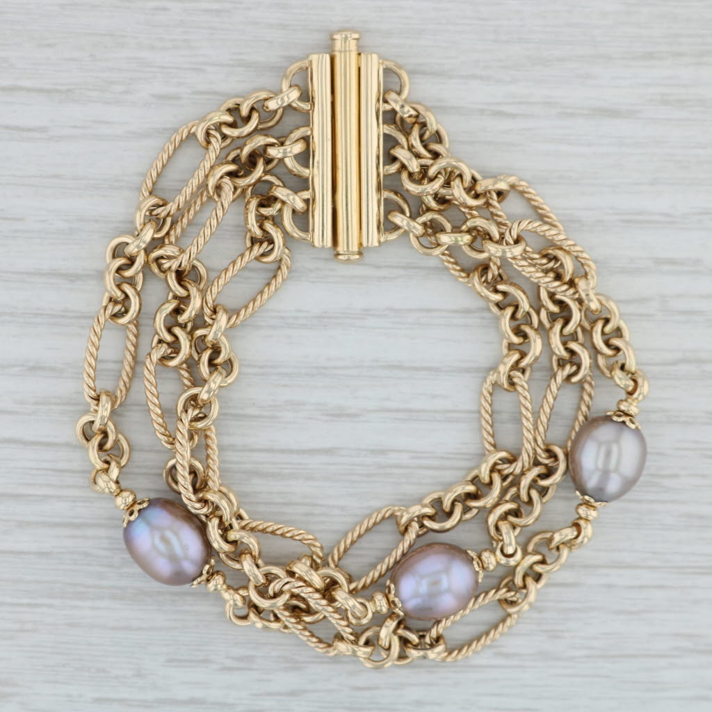 Gray Cultured Gray Pearl Multichain Bracelet 14k Yellow Gold 7.5"