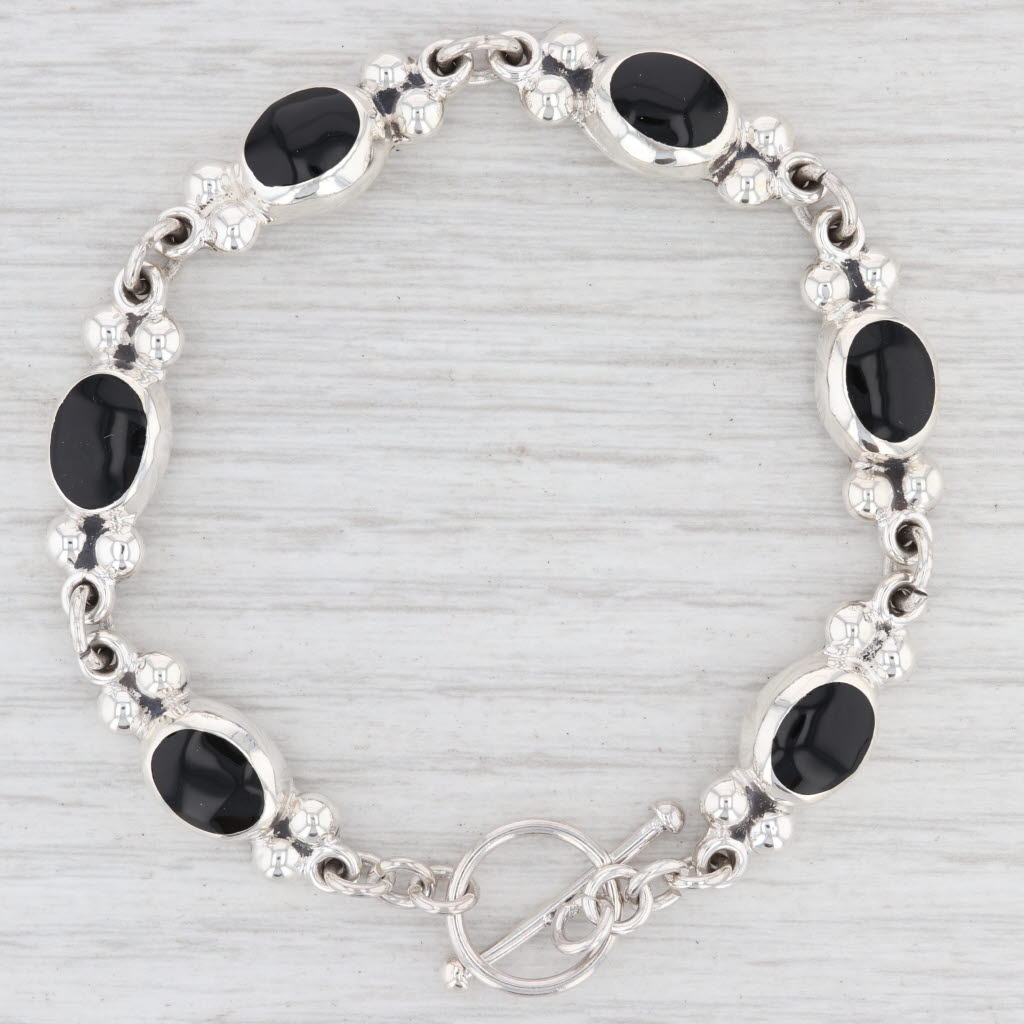 Light Gray New Black Resin Oval Link Bracelet Sterling Silver 7.5" 9.4mm Statement