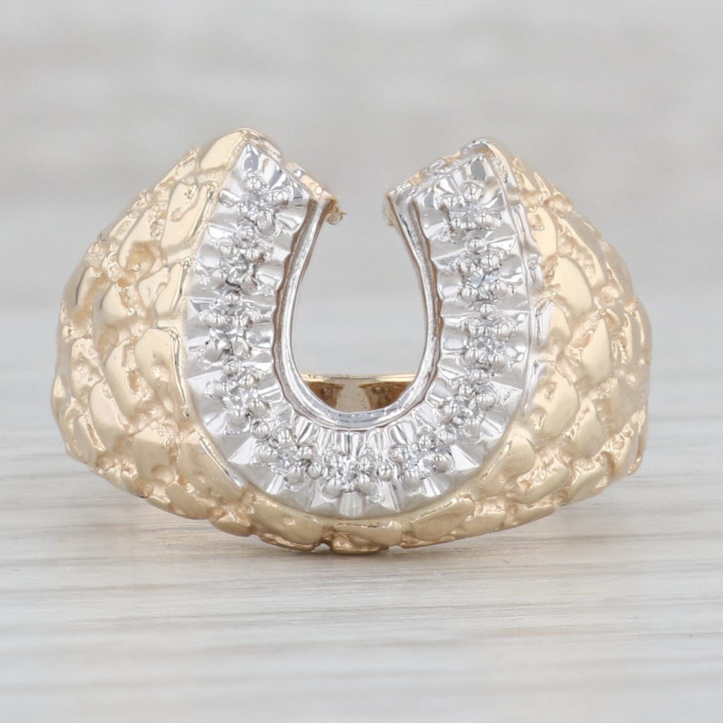 Gray Diamond Horseshoe Ring 10k Yellow Gold Nugget Size 10 Western Jewelry