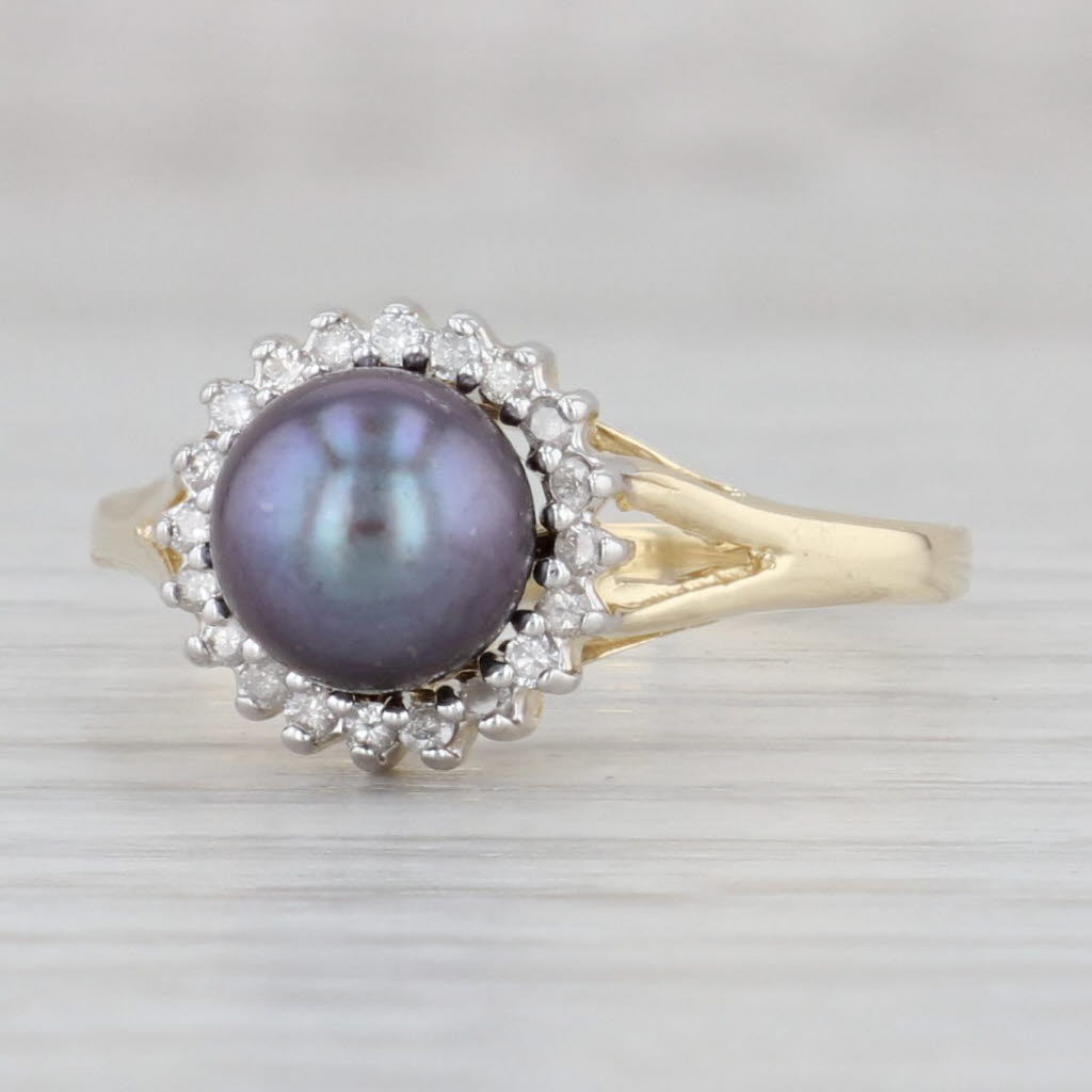 Gray Cultured Black Pearl Diamond Halo Ring 14k Yellow Gold Size 9