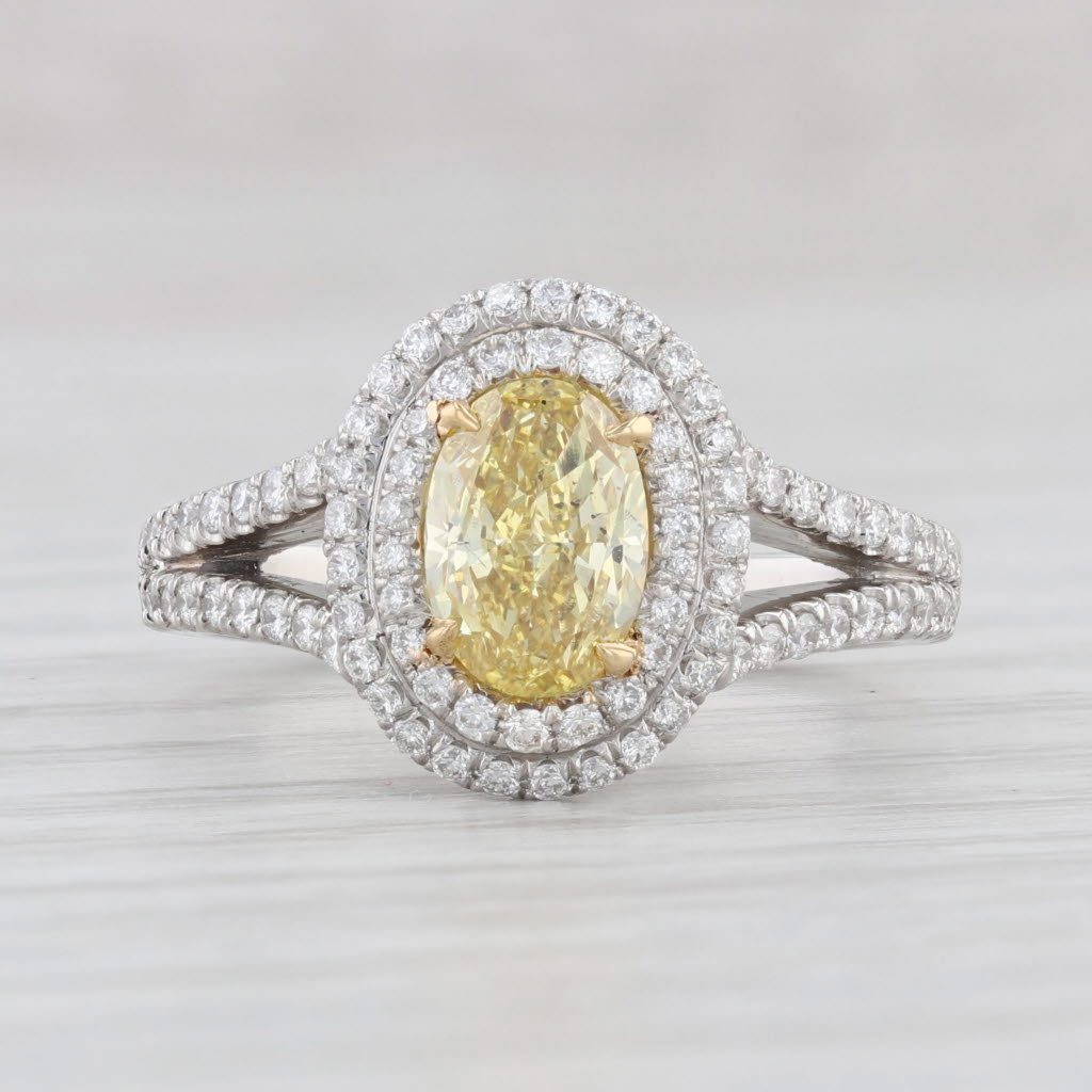 Light Gray 1.41ctw Oval Yellow Diamond Halo Ring 950 Platinum Size 5.75 GIA Engagement