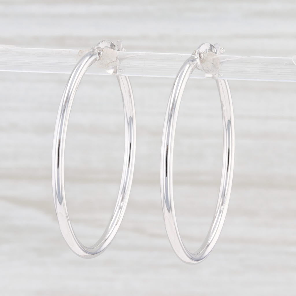 Light Gray New Round Hoop Earrings 14k White Gold Snap Top Pierced Hoops 35mm X 2mm