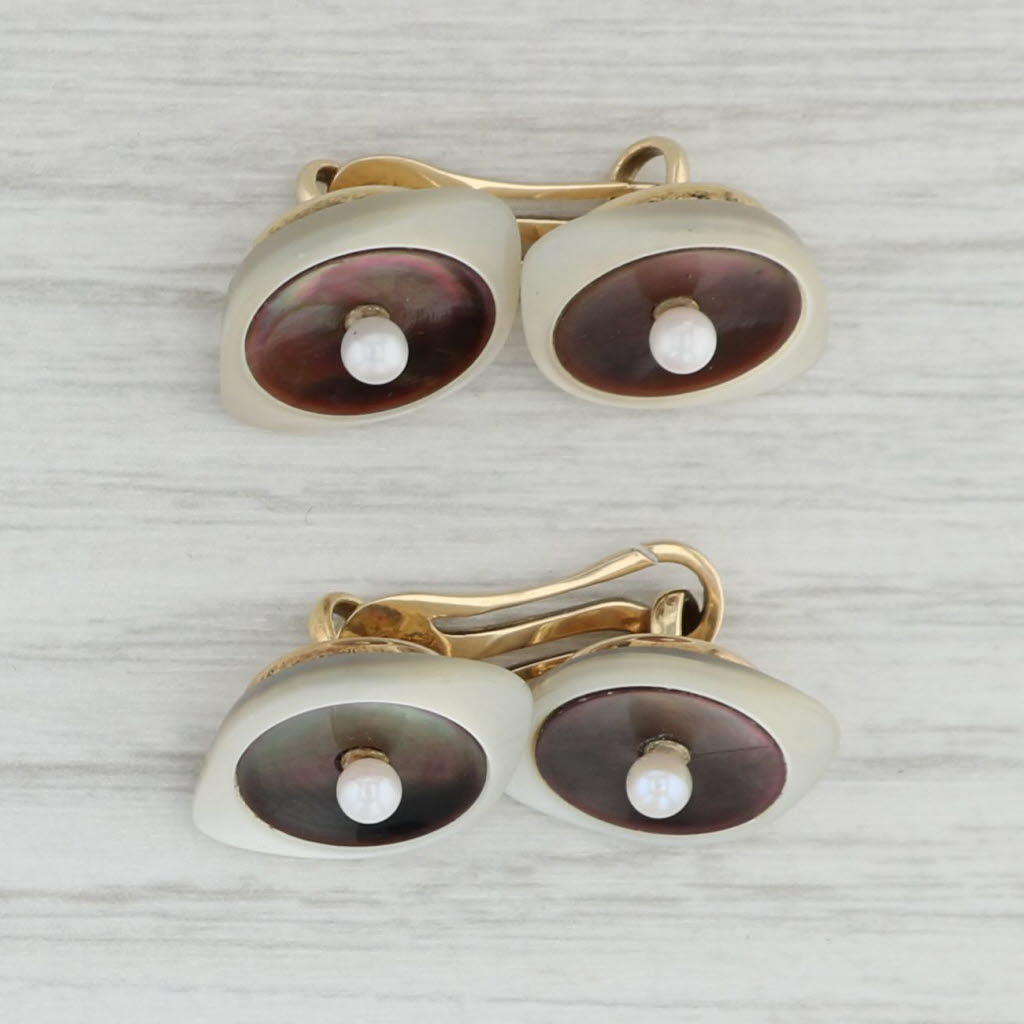 Light Gray Vintage Cultured Pearl Mother of Pearl Abalone Shell Cufflinks 14k Gold