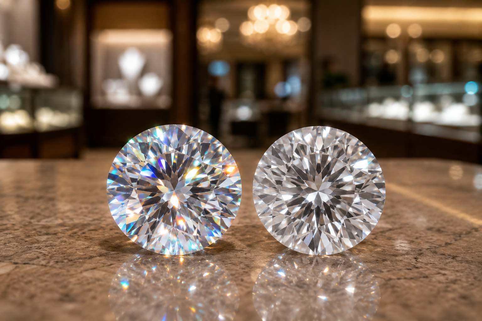 A moissanite gemstone and a diamond shown side by side under jewelry lighting at Jewelry Authority
