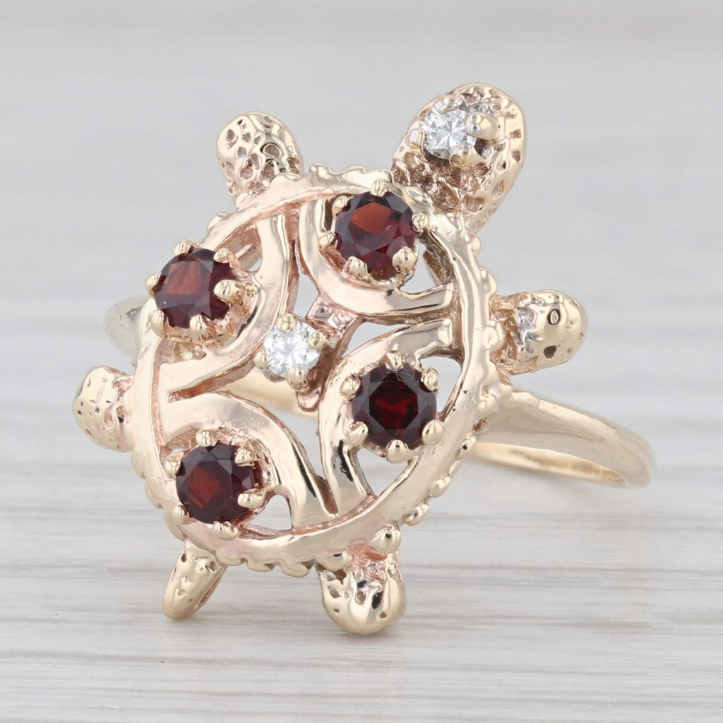 Light Gray Garnet and Diamond Turtle 10k Yellow Gold Size 8 Ring