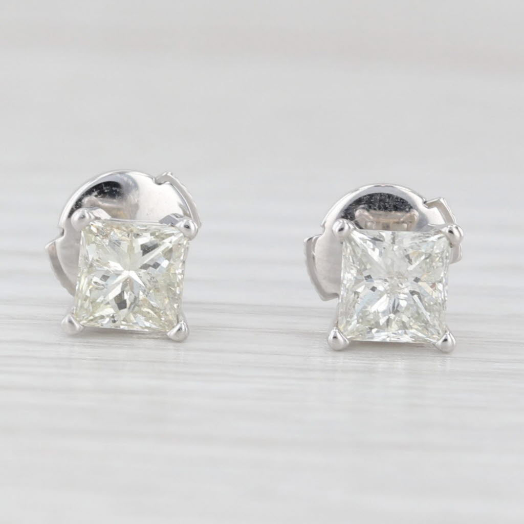 Light Gray 1.24ctw Princess Solitaire Diamond Stud Earrings 14k White Gold