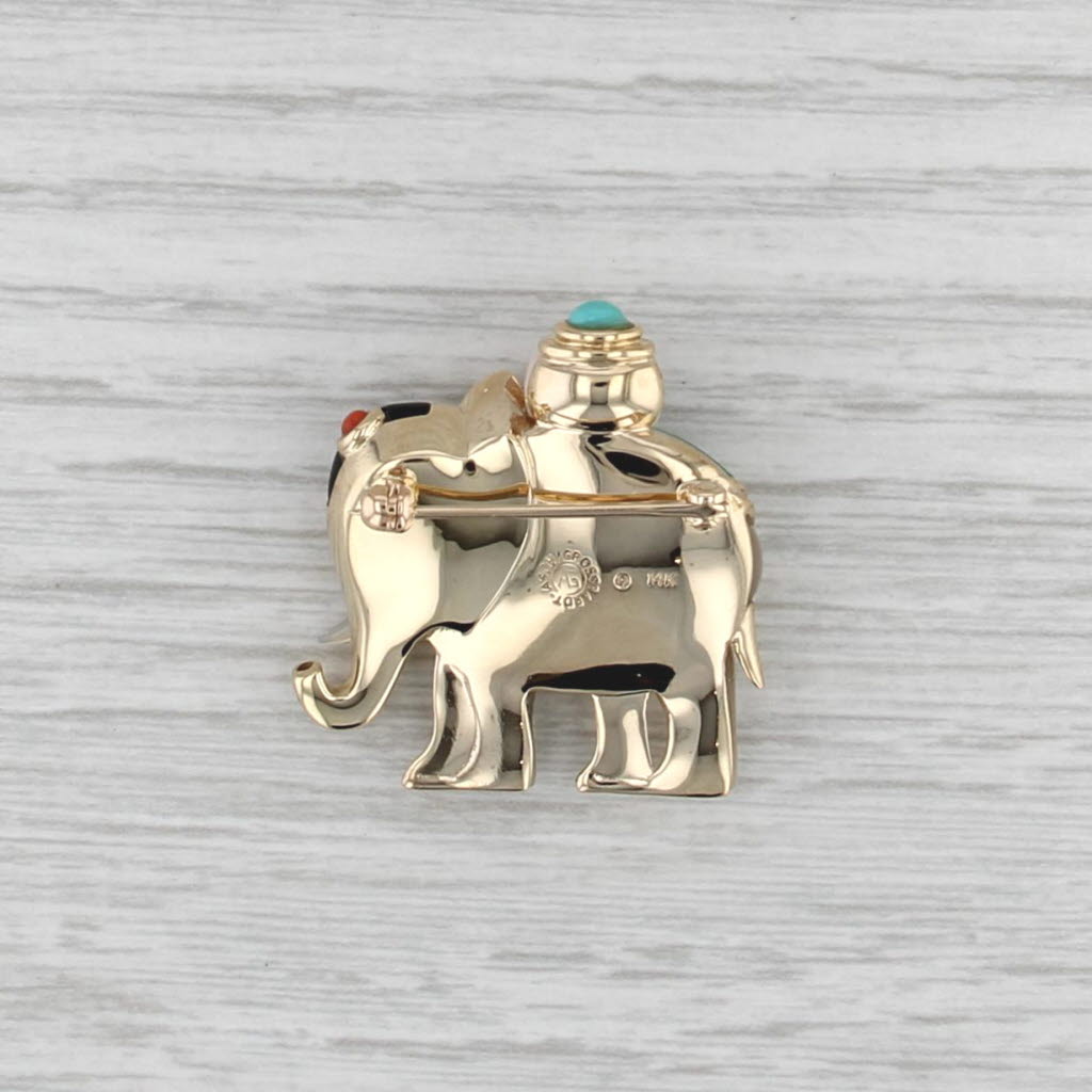 Asch Grossbardt Ornate Stone Mosaic Elephant Brooch 14k Gold Diamond