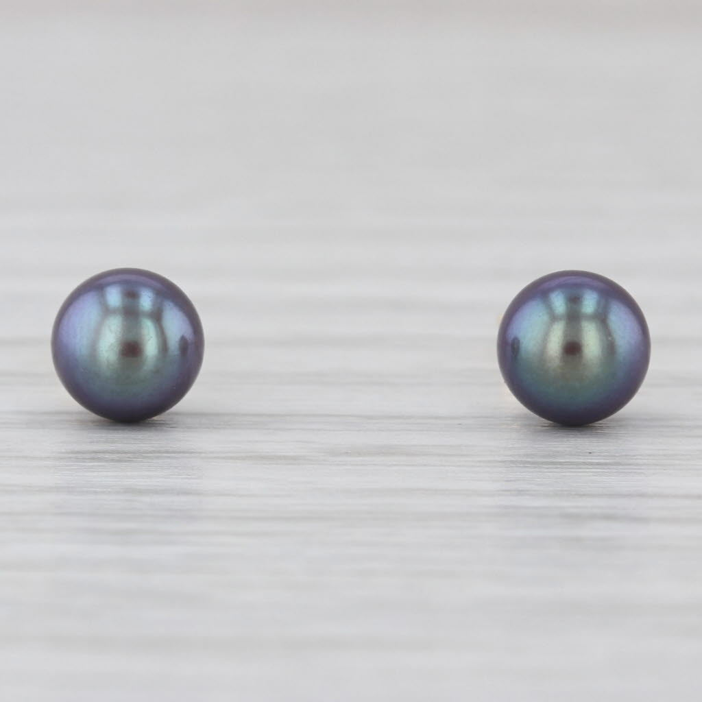 Cultured Black Pearl Stud Earrings 14k Yellow Gold 6mm Solitaire Studs