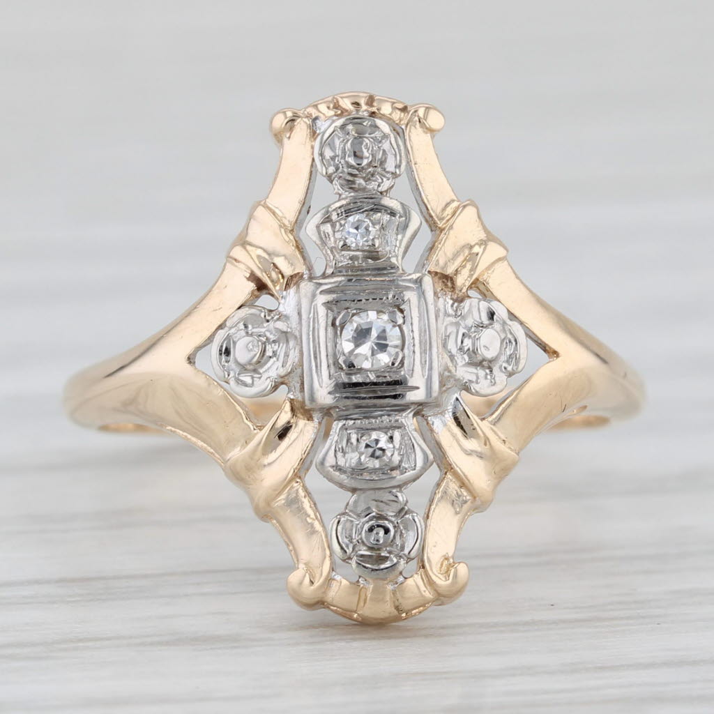 Light Gray Vintage Ornate Diamond Ring 14k White Yellow Gold Size 6.5