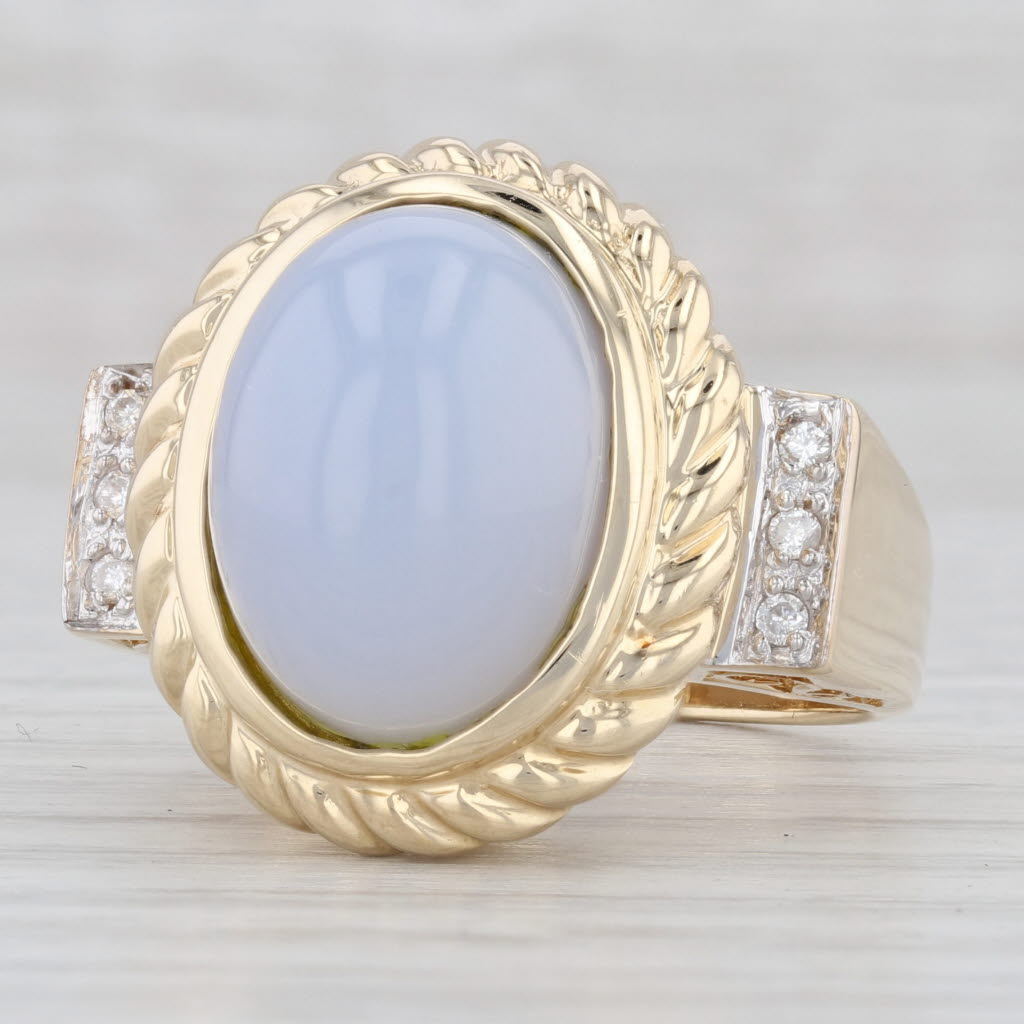 Light Gray Blue Chalcedony Diamond Ring 14k Yellow Gold Size 8.5 Oval Cabochon