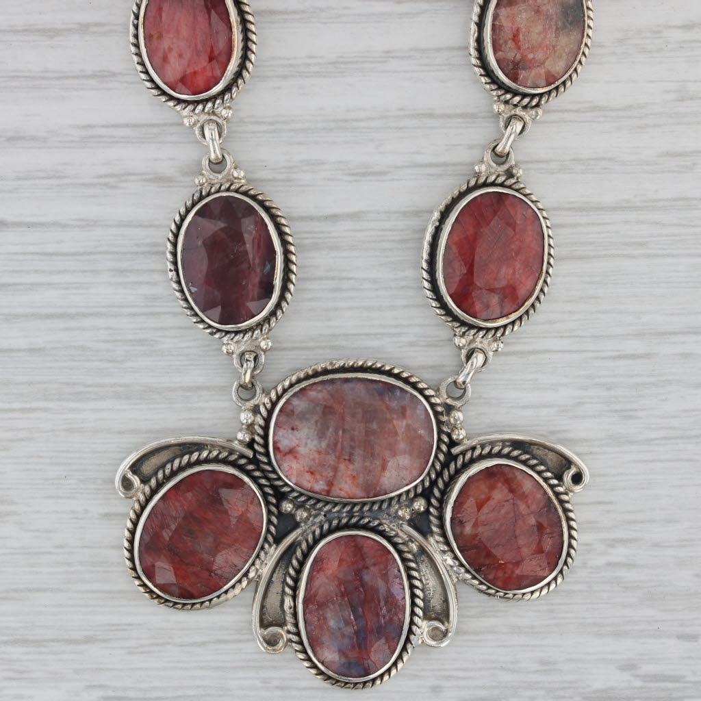 Gray Red Stone Corundum Bib Statement Necklace Sterling Silver 18.5" Southwestern