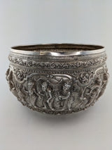 Gray Vintage Figural 950 Silver Large Bowl Repousse Myanmar Burma Handmade Asian