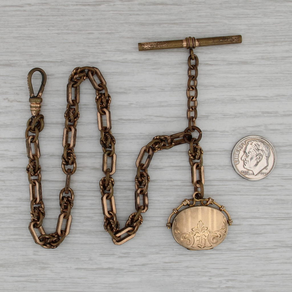 Victorian Antique Cable Chain Watch Chain Fob Locket Gold Filled 12.75"