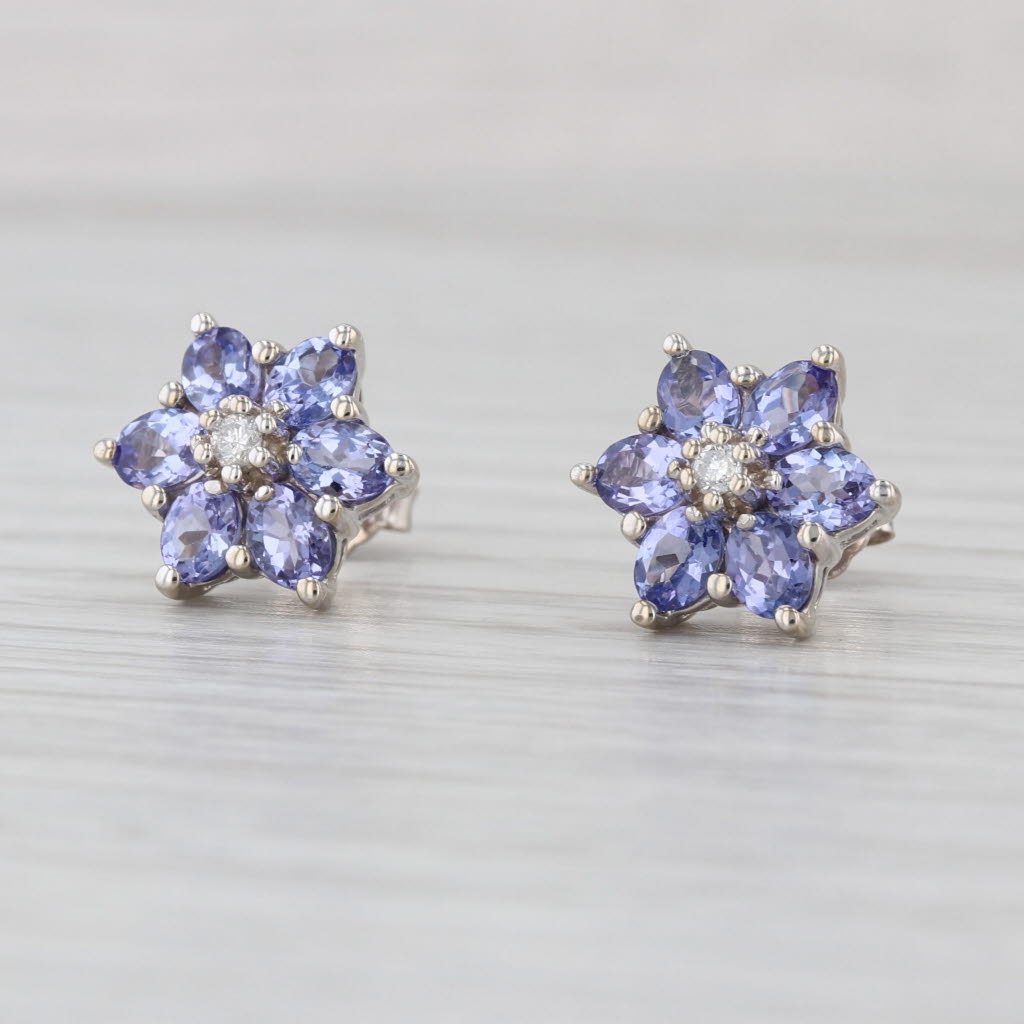1.26ctw Tanzanite Diamond Flower Stud Earrings 14k White Gold Studs