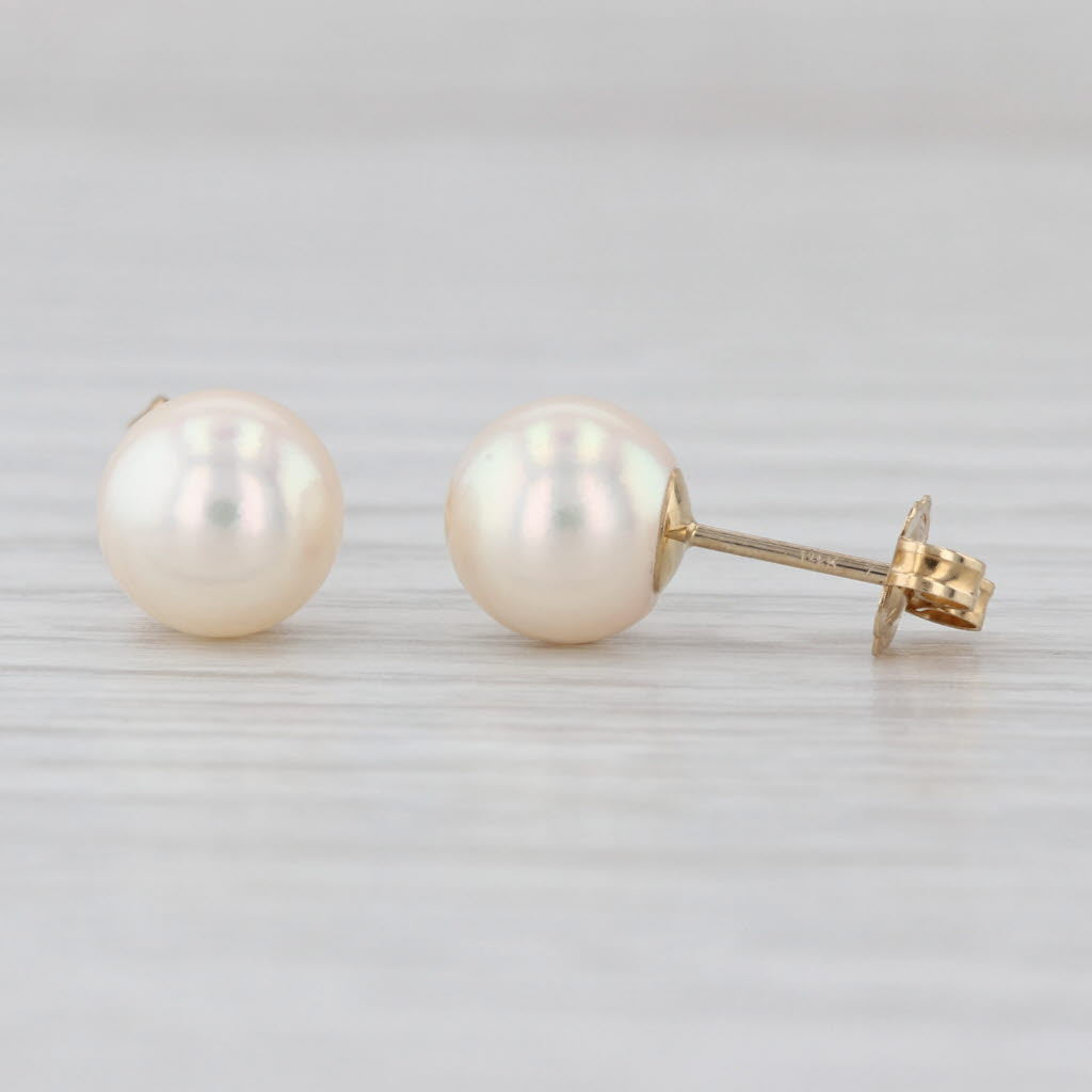 7.3mm Cultured Pearl Stud Earrings 14k Yellow Gold Round Solitaire Studs