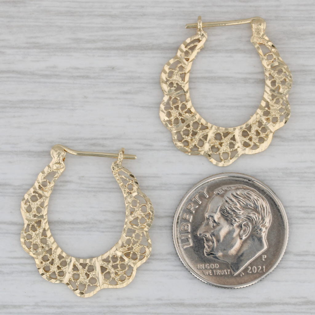 Gray Filigree Hoop Earrings 14k Yellow Gold Snap Top Posts Round Doily Hoops