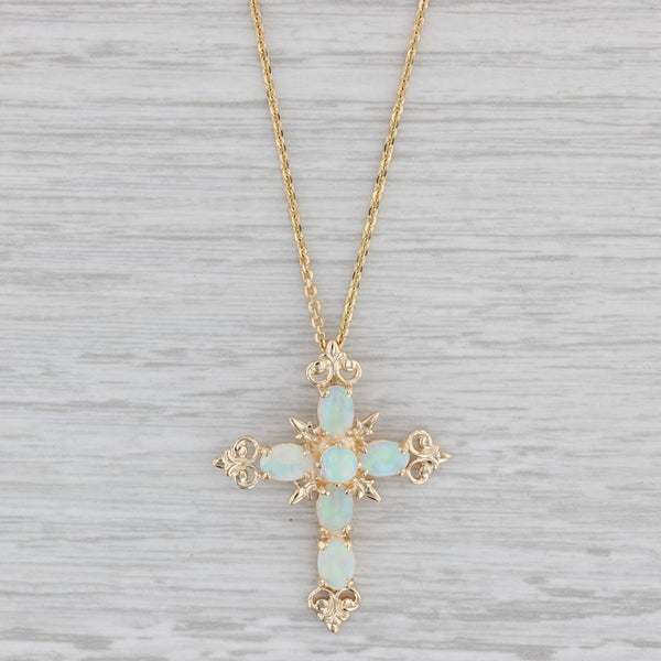 Ornate Opal Cross Pendant Necklace 14k Yellow Gold 24" Cable Chain
