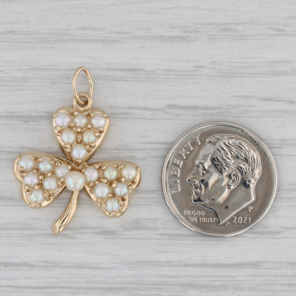 Gray Vintage Cultured Pearl Shamrock Clover Pendant 14k Yellow Gold Charm